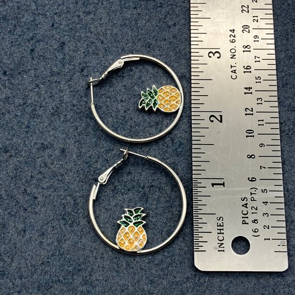 Hoop Pierced Earrings Silver Pineapple Md Green Yellow Enamel Iridescent Sparkle - Picture 4 of 4